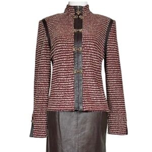St. John leather trim tweed Women's Striped Jacket gold clasps